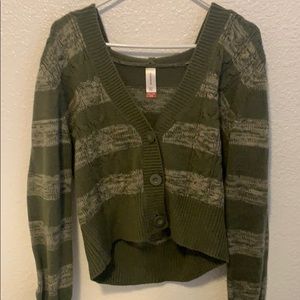 3 button olive green and tan hooded sweater